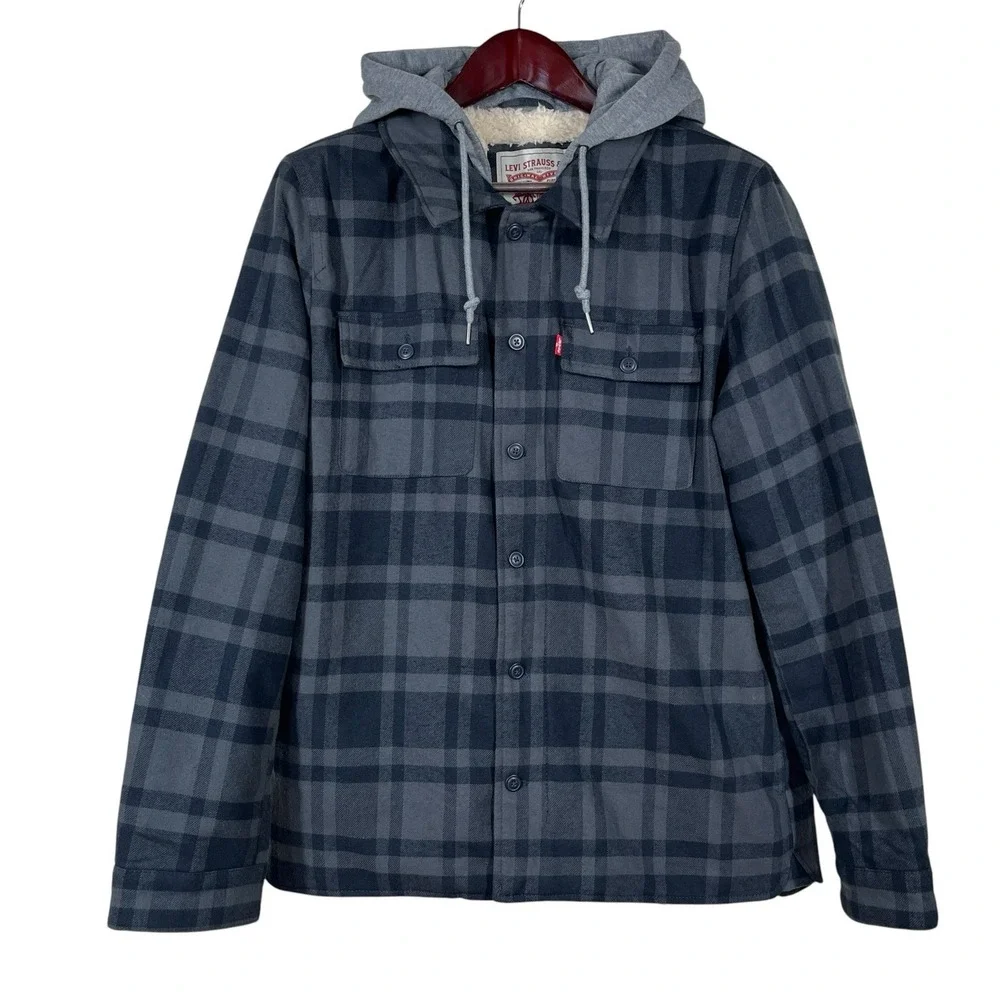 Levis Sherpa Lined Hooded Shirt Jacket Mens M Cotton Plaid Workwear Shacket